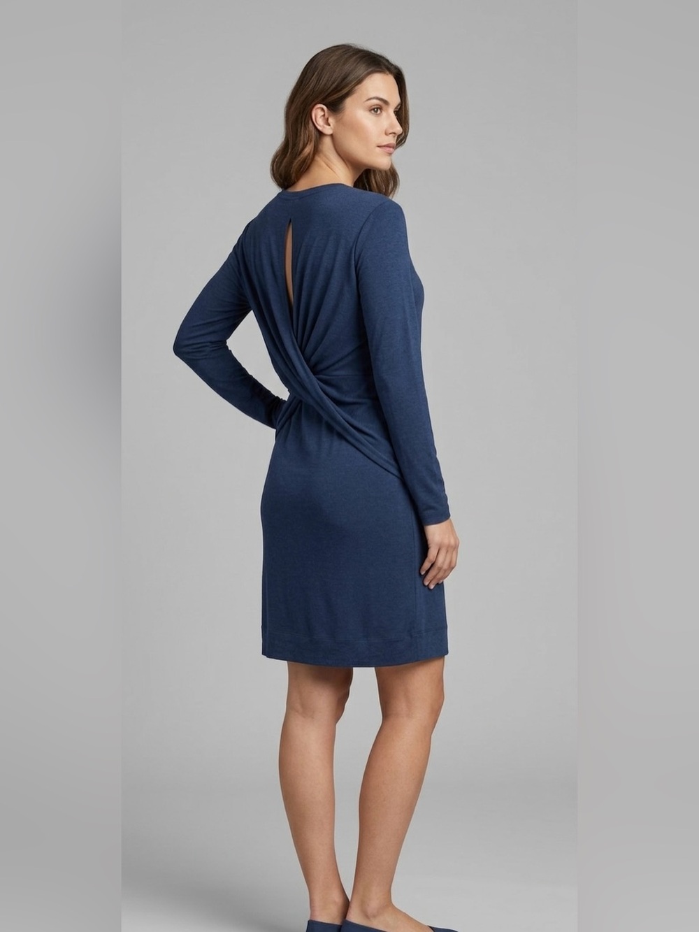 HELMUT LANG Long Sleeve Tencel Silk Blend Drape Back Lined Dress Blue USA Sz L